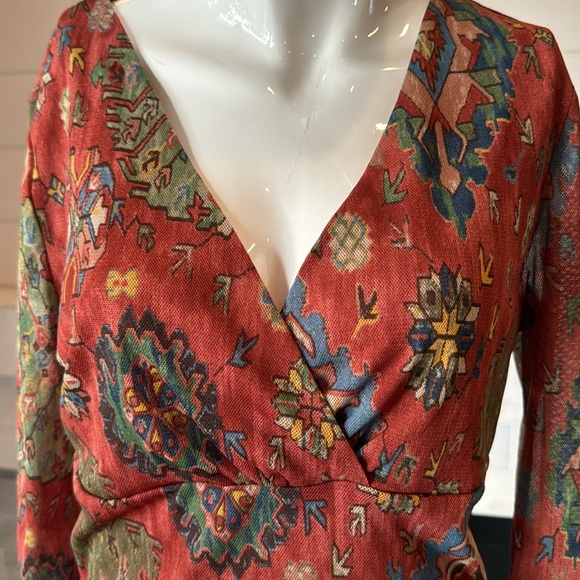 Y2K Rust Multi Ikat Print Surplice Neckline Croped Mesh Top Size - Picture 3 of 9